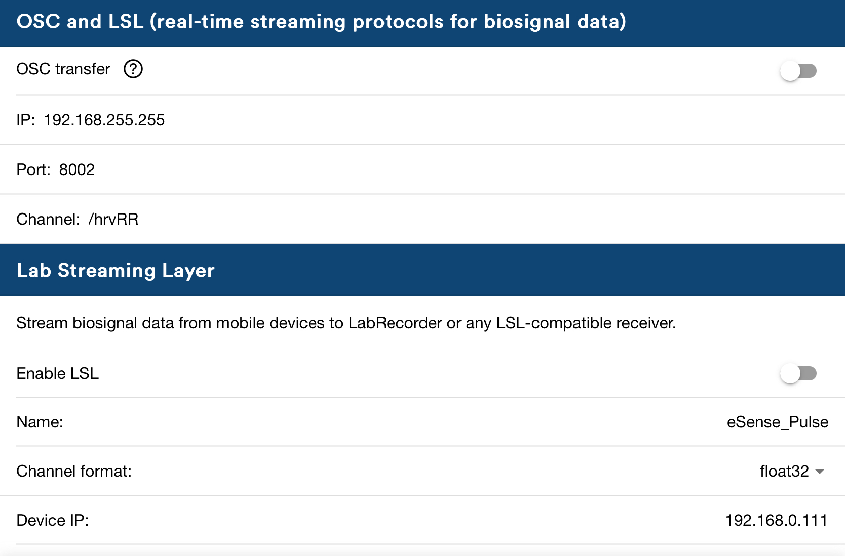 OSC and LSL settings in the eSense App