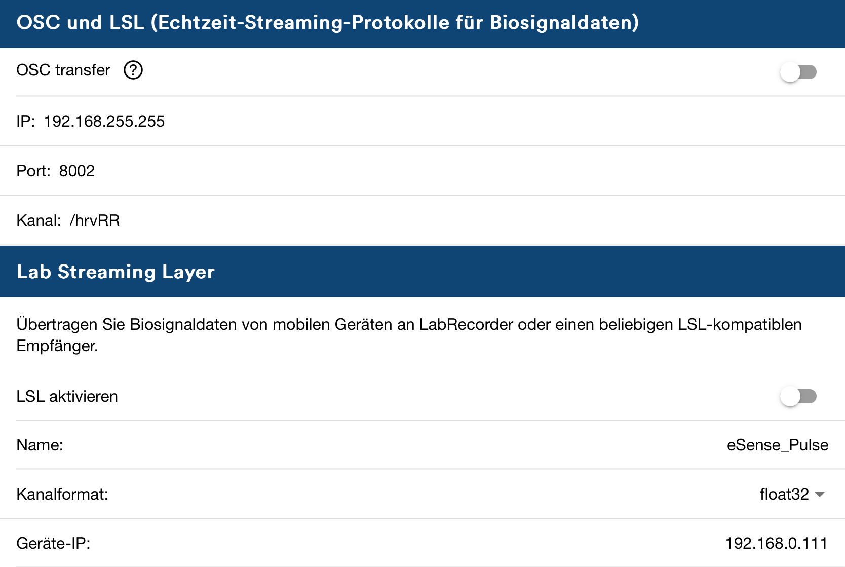OSC und LSL Einstellungen in der eSense App