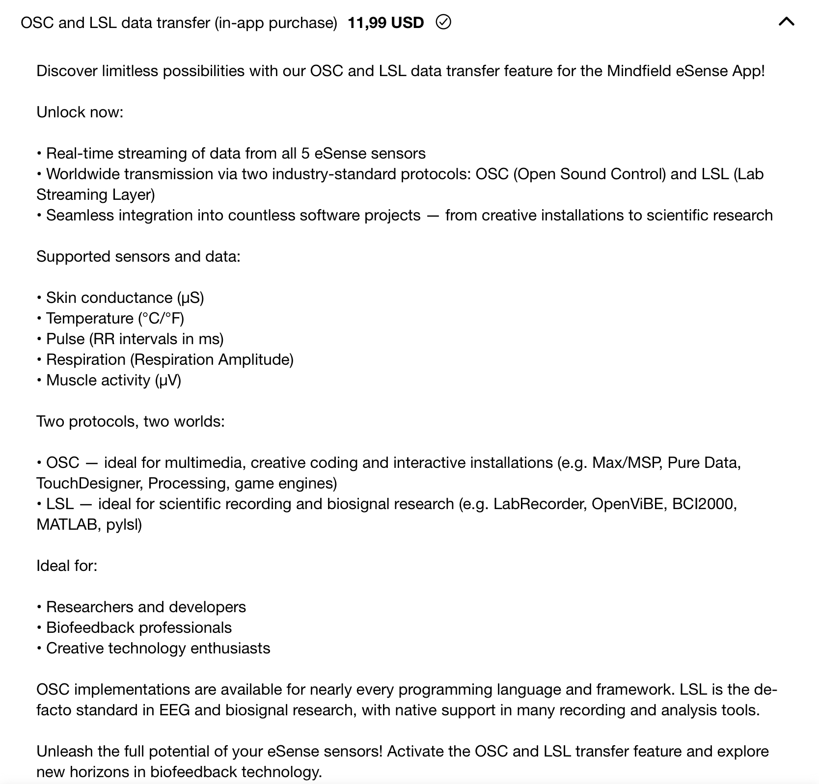 OSC and LSL data transfer as in-app purchase in the eSense App