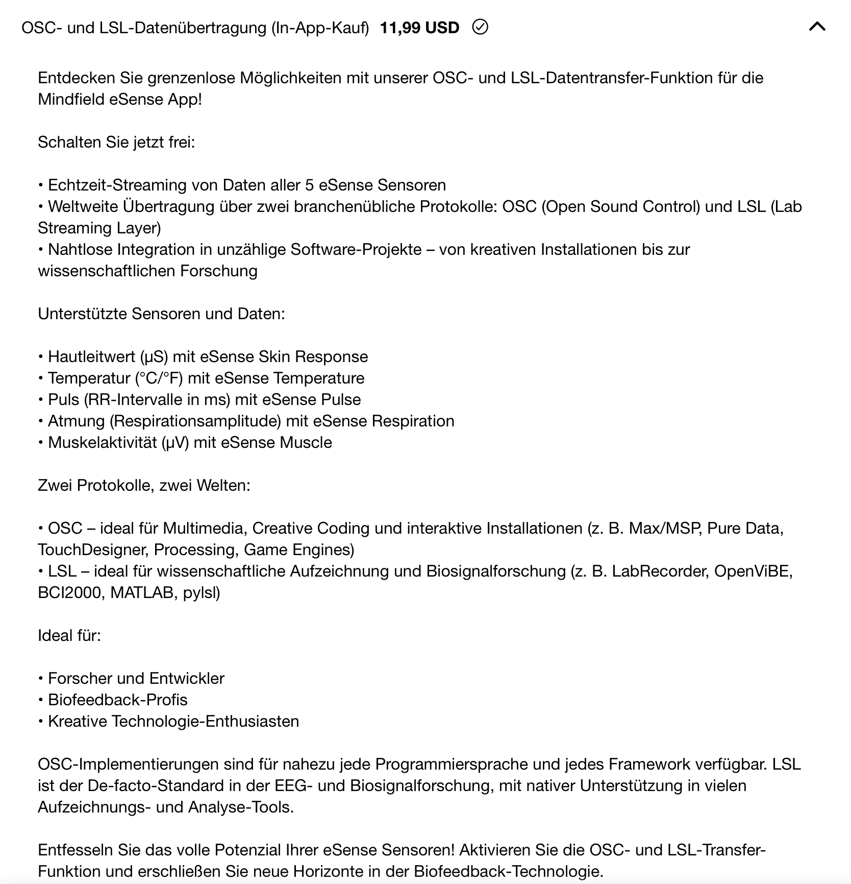 OSC- und LSL-Datenübertragung als In-App-Kauf in der eSense App