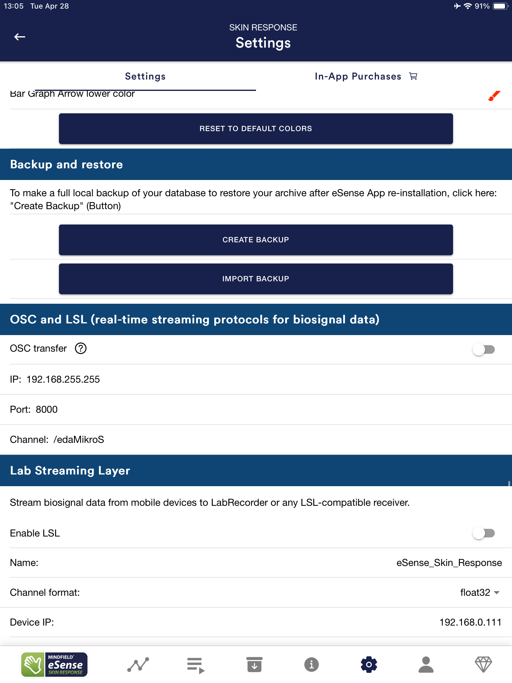 OSC and LSL settings in the eSense App on iPad