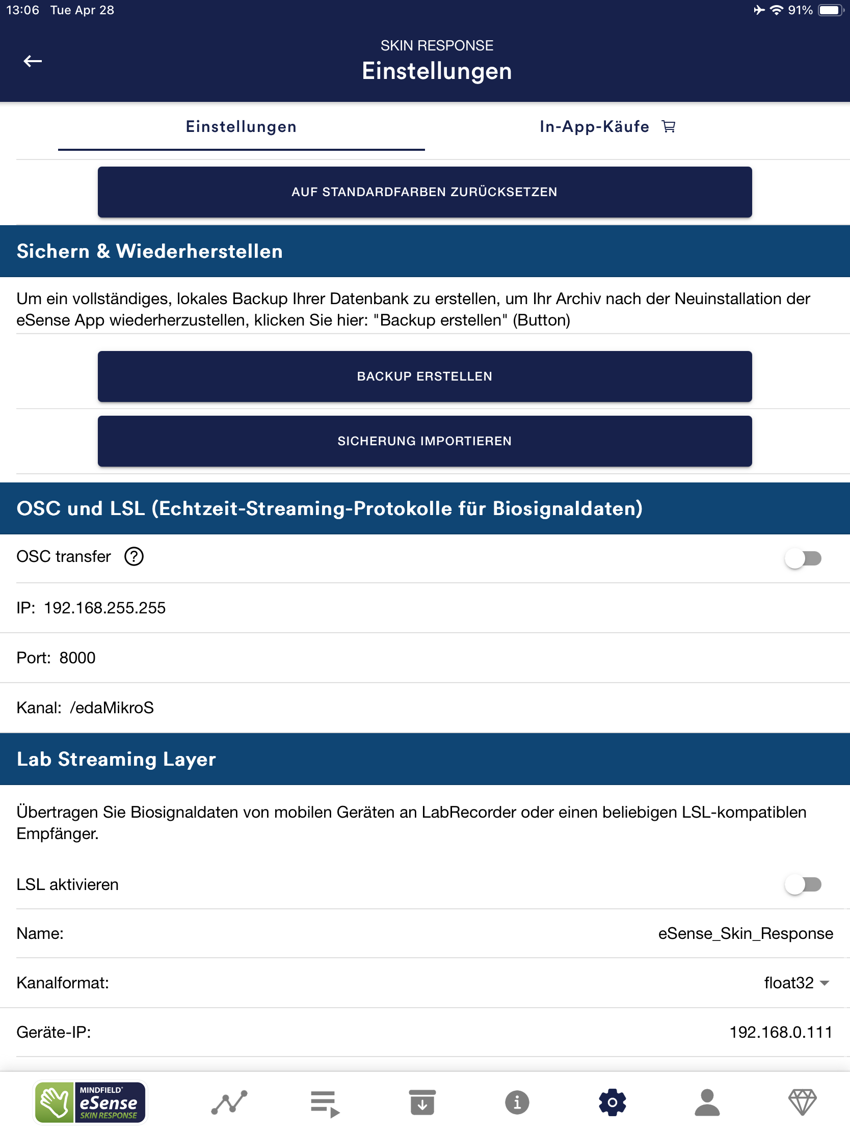 OSC und LSL Einstellungen in der eSense App auf dem iPad