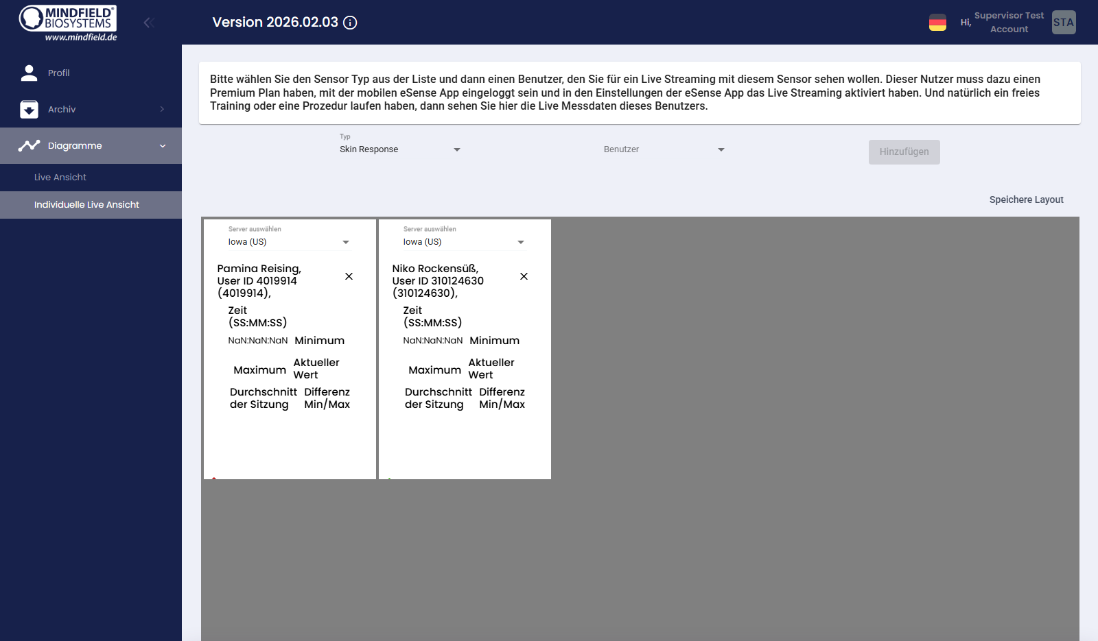 Custom Live View with sensor and user selection in the eSense Web App