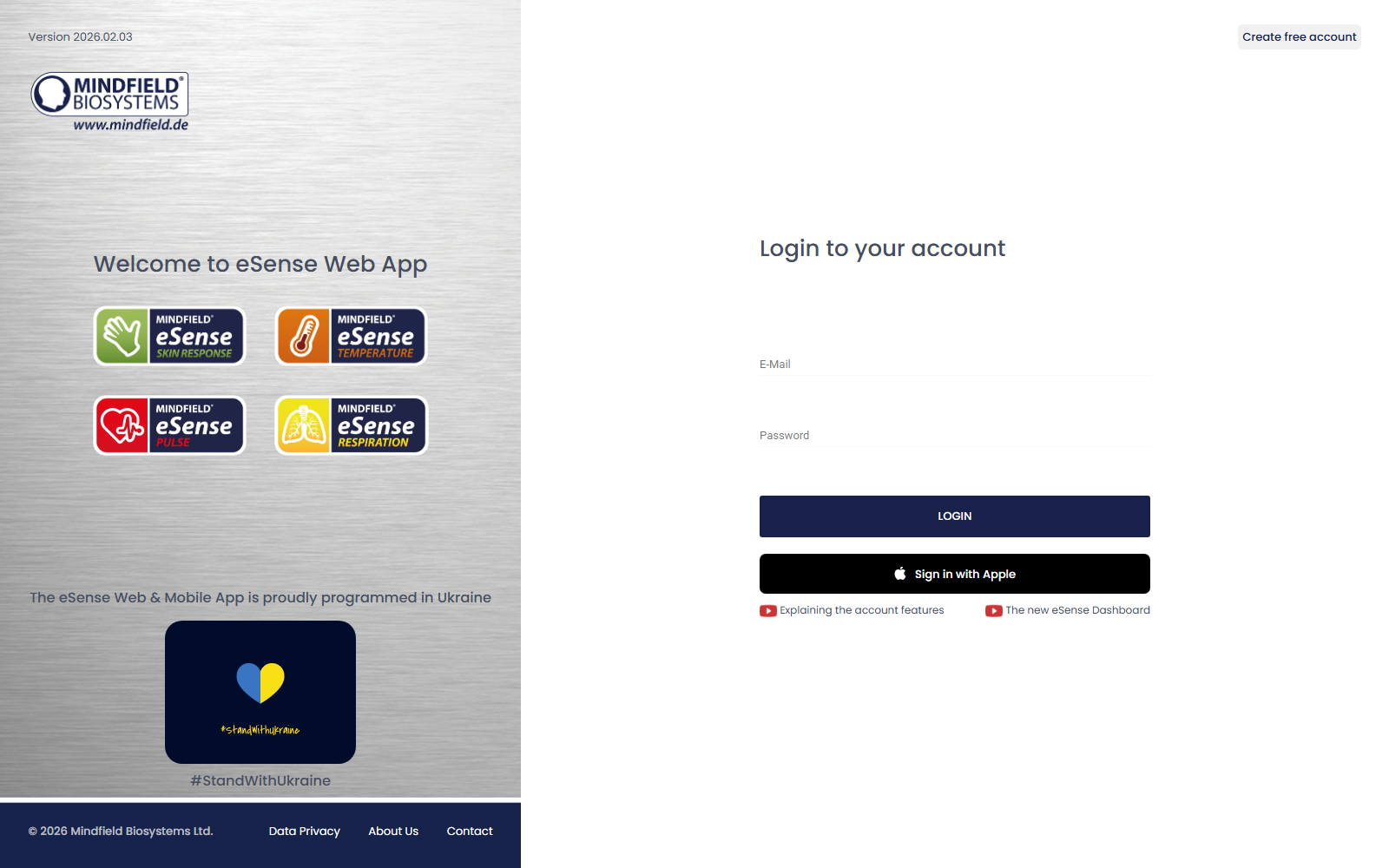 Login screen of the eSense Web App with Google, Apple and email login