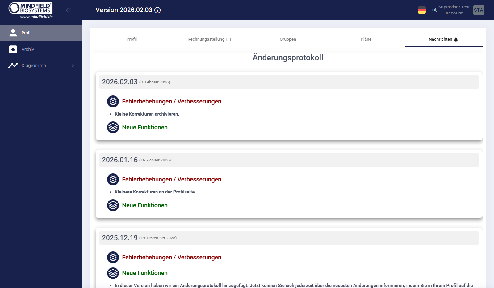 News tab of the eSense Web App with changelog and version history