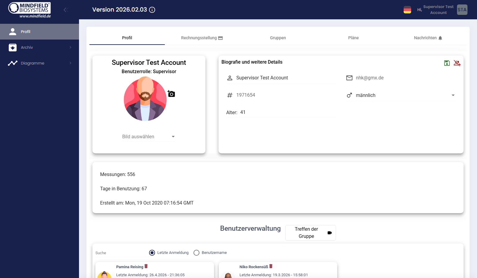 Profile page of the eSense Web App with role, statistics and bio data