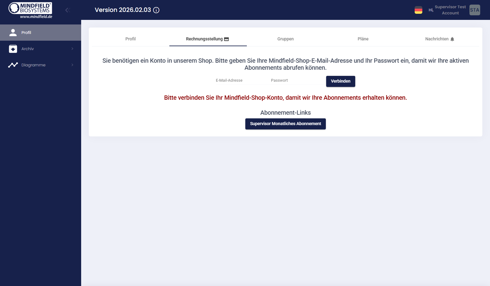 Billing tab of the eSense Web App: Mindfield Shop connection and subscription overview