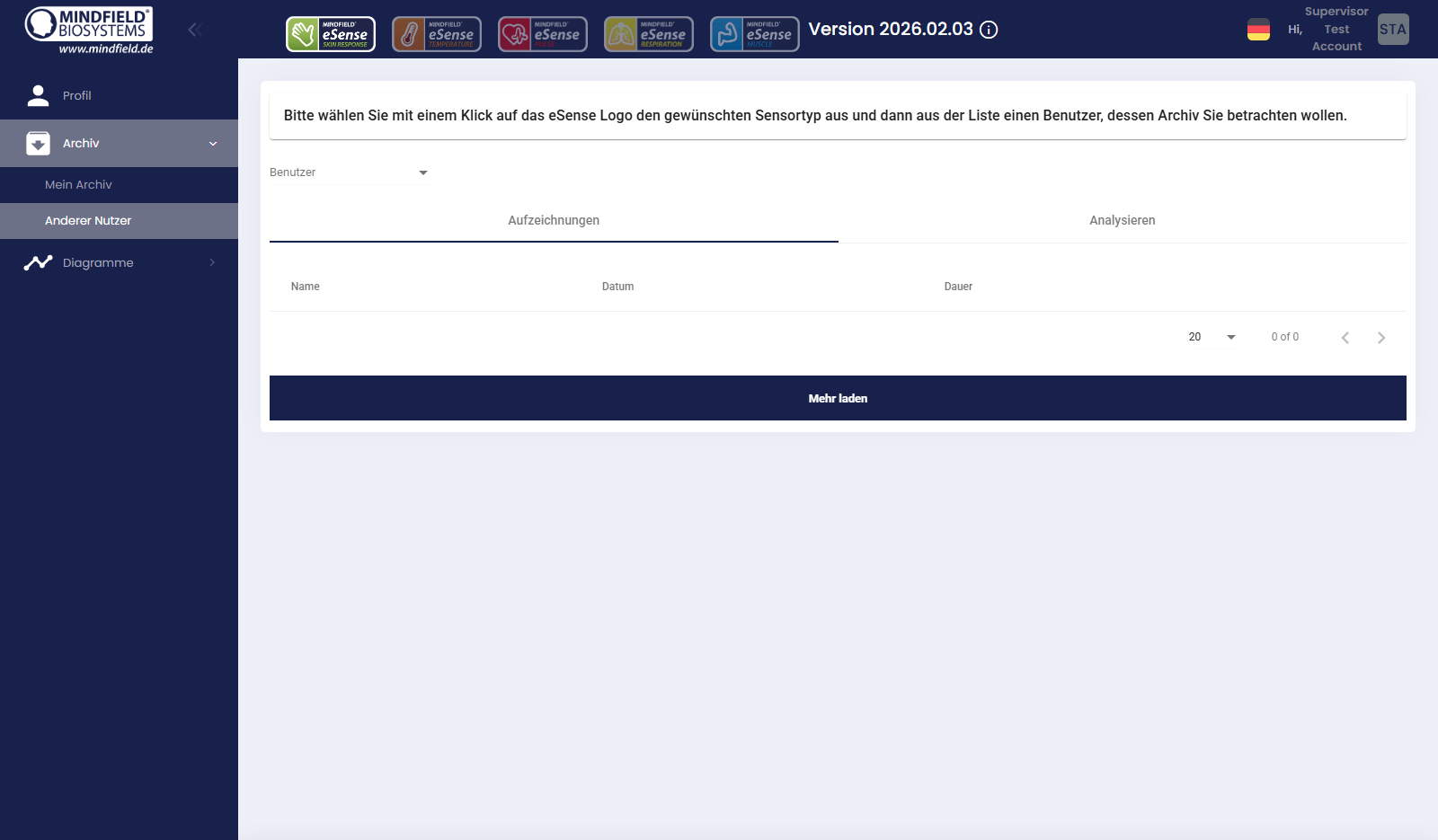 Supervisor view: archive of another user in the eSense Web App